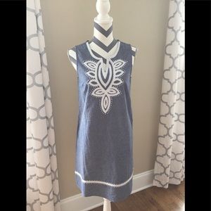 Mud Pie: Blue linen dress with white embroidery